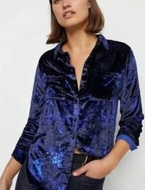 Anthropologie Pilcro Mara Relaxed Velvet Buttondown Women's Blouse US 4 Blue